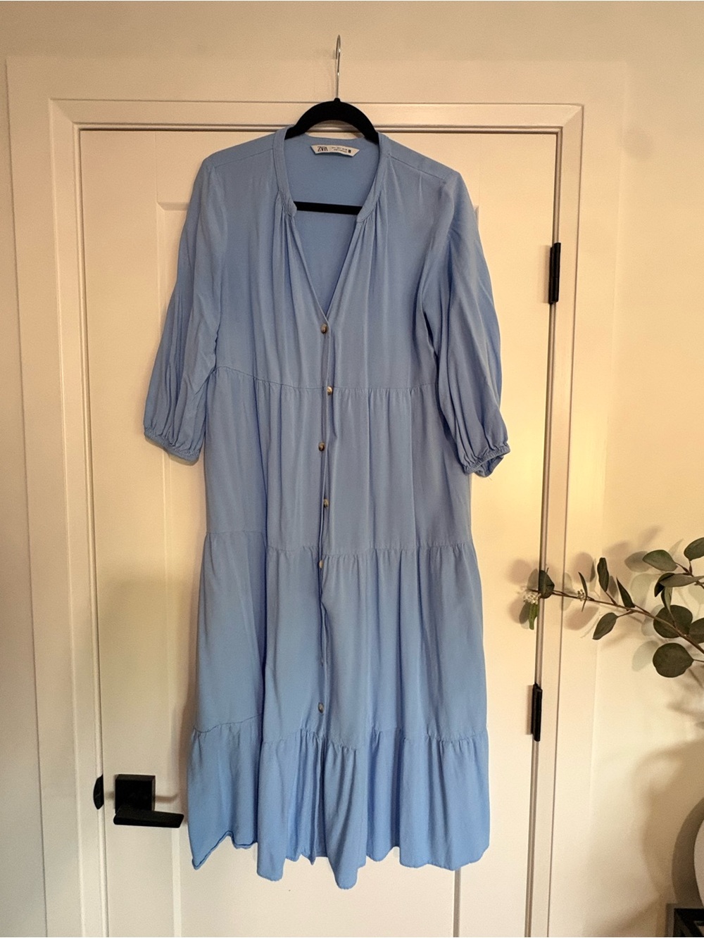 Zara Light Blue Tiered Button-Front Maxi Dress